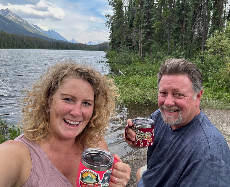 kiera and steve with at honeymoon lake with coffee